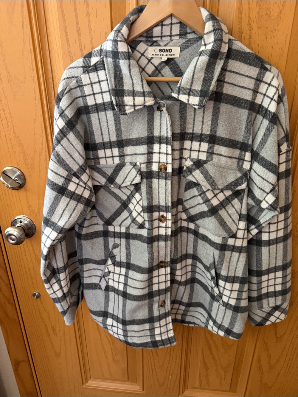 Ci Sono Black & Gray Plaid Button-Front Shacket Jacket